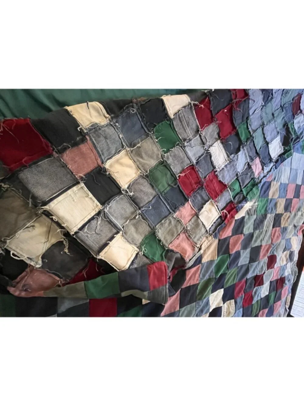 Unfinished Quilt Top Handmade Patchwork Denim Cutter Fixer Distressed 74”x60”